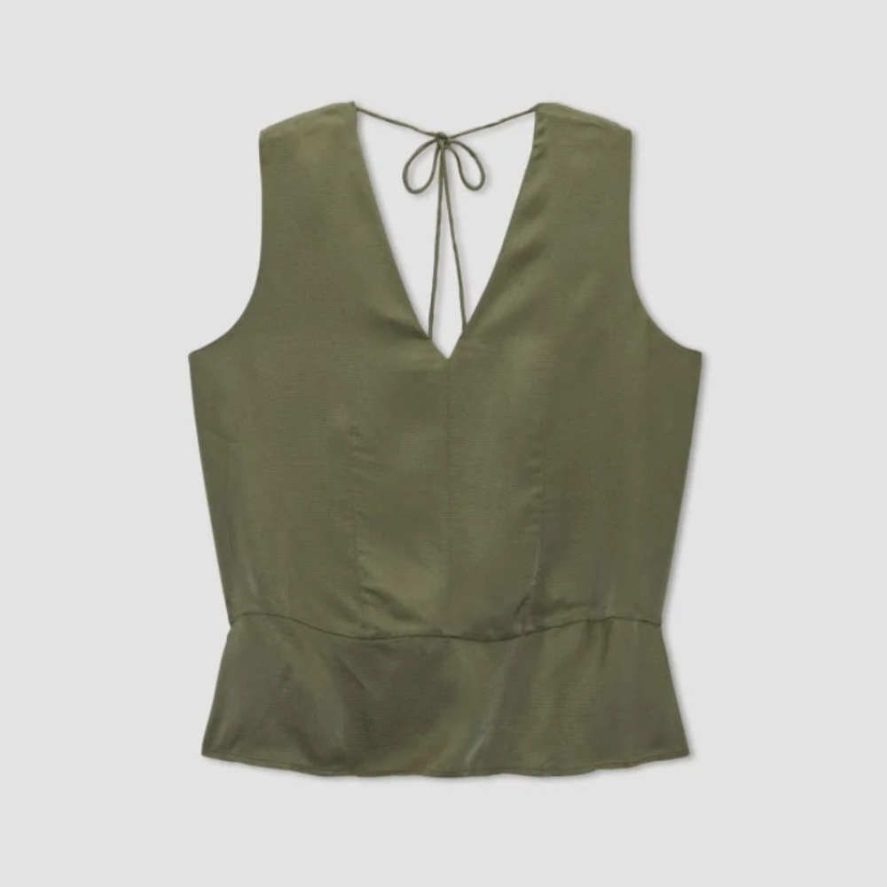 Everlane The Satin V-Neck Top Blouse Kalamata Olive Green Women's Size Medium